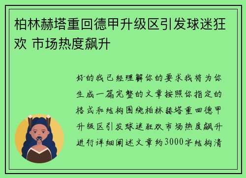 柏林赫塔重回德甲升级区引发球迷狂欢 市场热度飙升