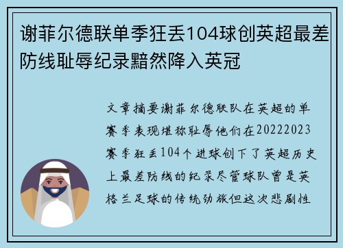 谢菲尔德联单季狂丢104球创英超最差防线耻辱纪录黯然降入英冠